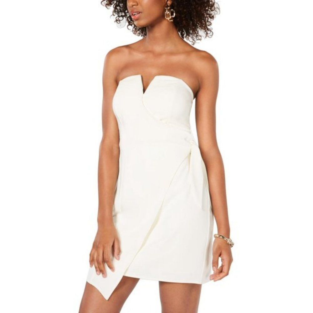 NWOT Trixxi Womens Knot Front Cutout Plunge Ivory Wrap Strapless Mini Dress